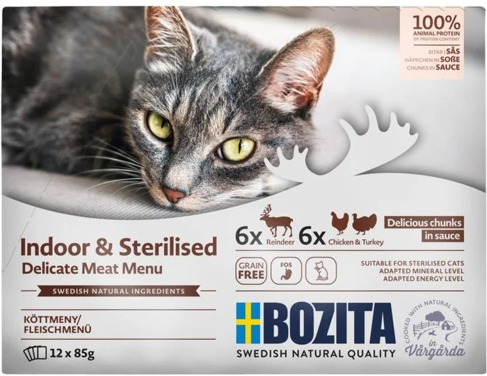 Bozita Cat Pouch-Beutel Indoor & Sterilised Häppchen in Sauce mit Fleisch Multibox 12x85g